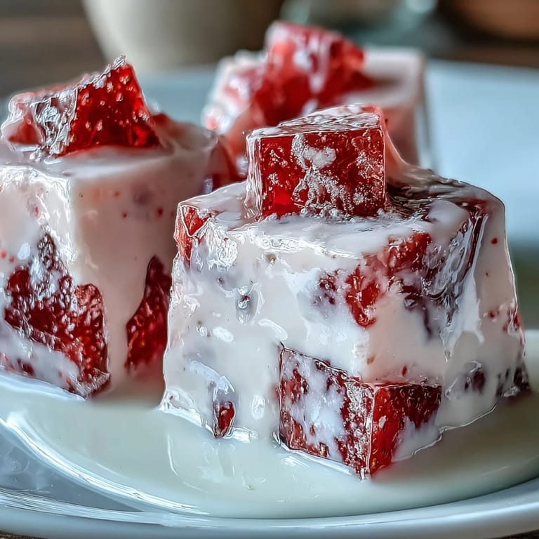 This stunning dessert features rose-scented gelatin cubes suspended in a rich cream, creating a refreshing summer treat.