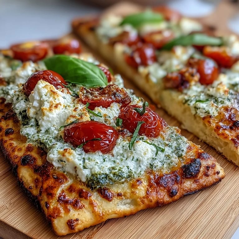 High-protein cottage cheese flatbread with rich pesto spread, ripe tomato halves, and a sprinkle of parmesan for extra flavor.