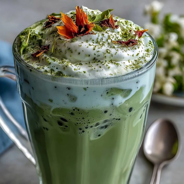 Elegant iced matcha latte featuring vibrant green tea and creamy vanilla cold foam, served over ice cubes.