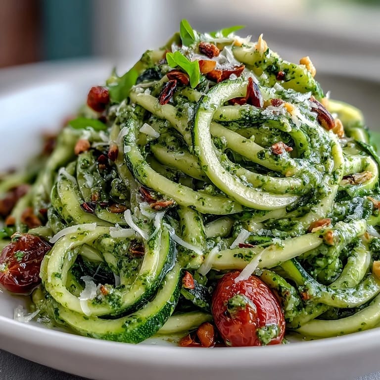 Light and refreshing zucchini noodles coated in fragrant raw pesto, garnished with basil leaves and Parmesan shavings for an Italian-inspired meal.