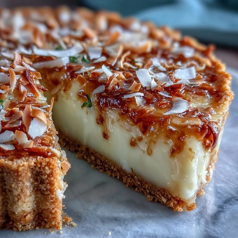Zesty lime and sweet coconut filling nestled in a crisp graham cracker crust, garnished with whipped cream and toasted coconut.