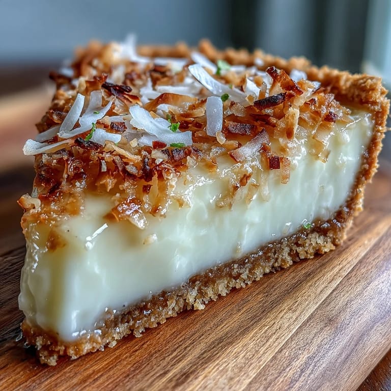Refreshing coconut lime tart in golden graham cracker crust, topped with lime zest and fluffy whipped cream for a tropical treat.