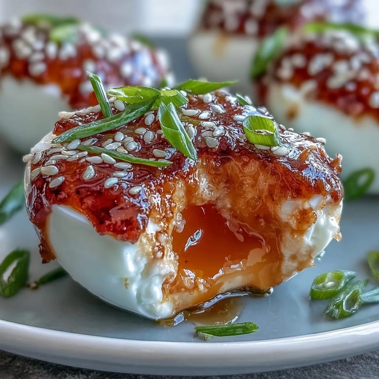 A close-up of soft-boiled eggs soaking in a vibrant, spicy miso marinade, infused with garlic, ginger, and chili for bold Japanese-inspired flavor.  