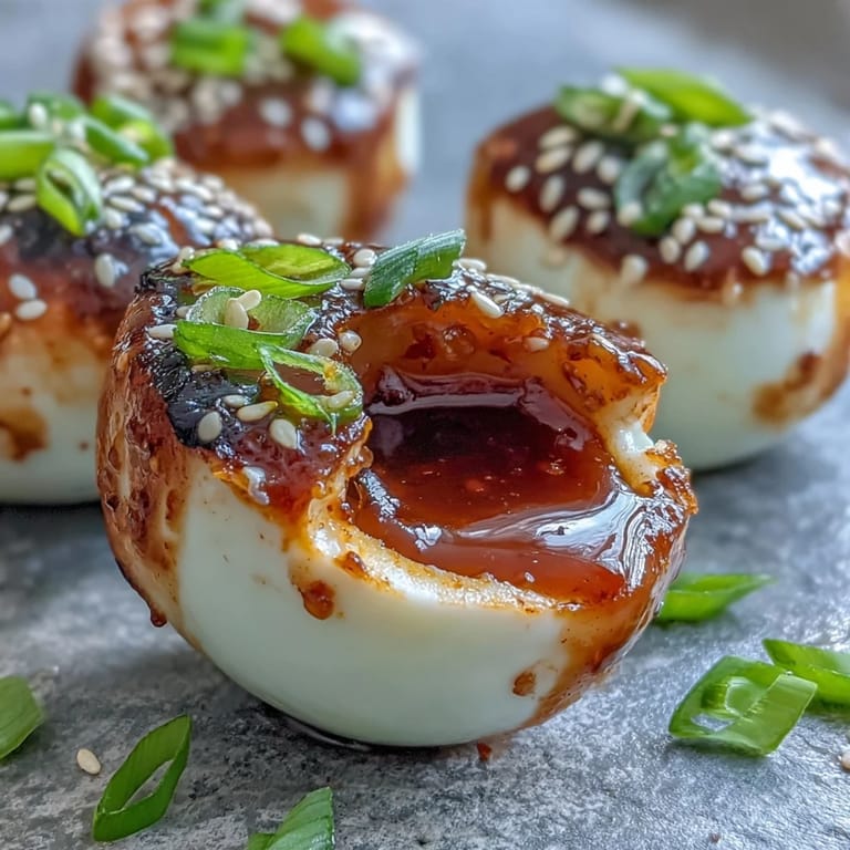 Halved spicy miso marinated eggs revealing creamy yolks, garnished with chopped scallions and served as a flavorful ramen topping or protein-rich appetizer.