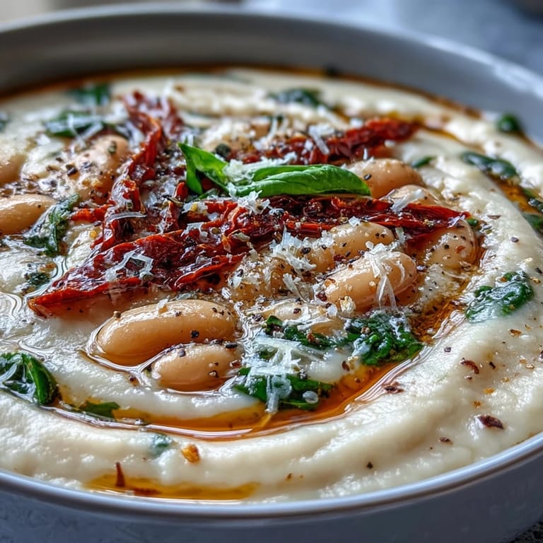 A hearty vegetarian soup featuring cannellini beans, garlic, and Italian herbs, topped with fresh basil and Parmesan.  
