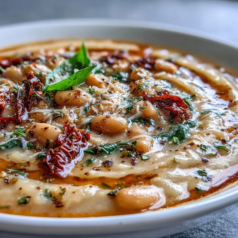 Velvety white bean soup blended with cream, sun-dried tomatoes, and baby spinach for a satisfying Tuscan-inspired meal.