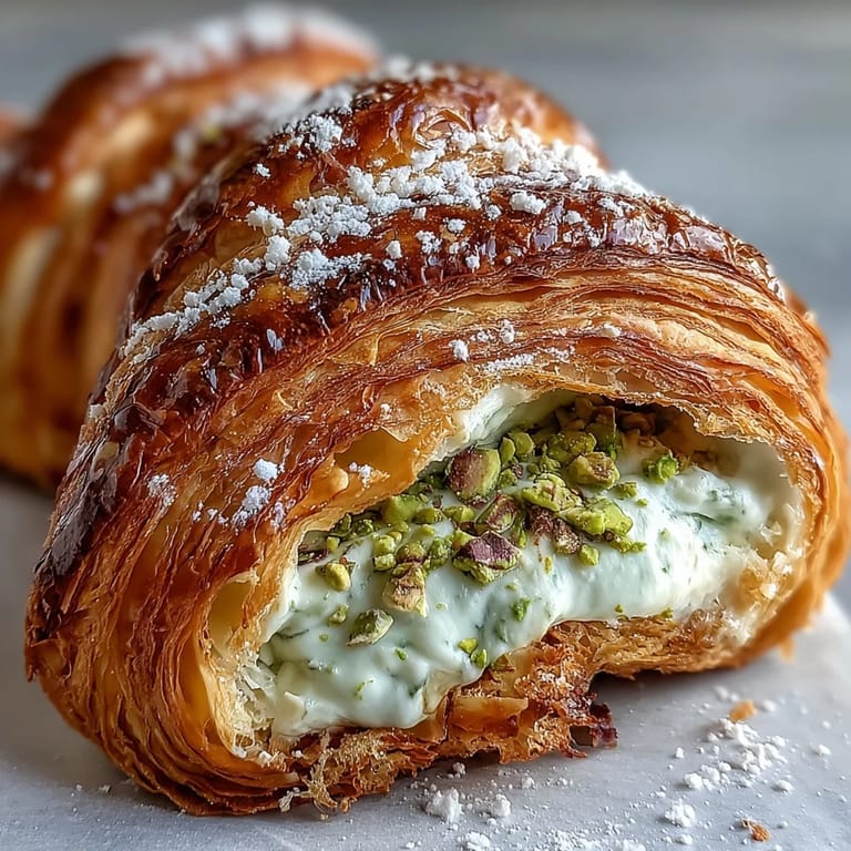 Golden-baked croissant oozing creamy pistachio filling, dusted with powdered sugar and sprinkled with crunchy pistachios.