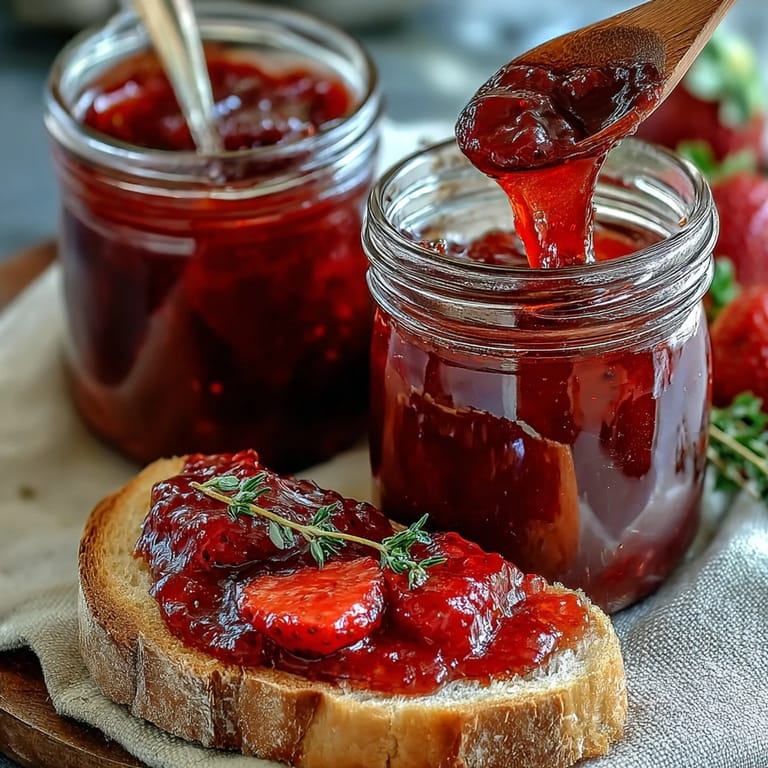Charming small-batch strawberry jam with fresh fruit chunks, perfect for spreading on warm toast or gifting.  