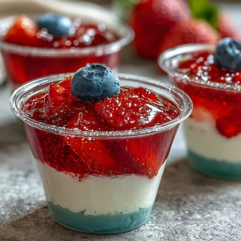 Red, white, and blue 4th of July Firecracker Jello Shots layered perfectly.