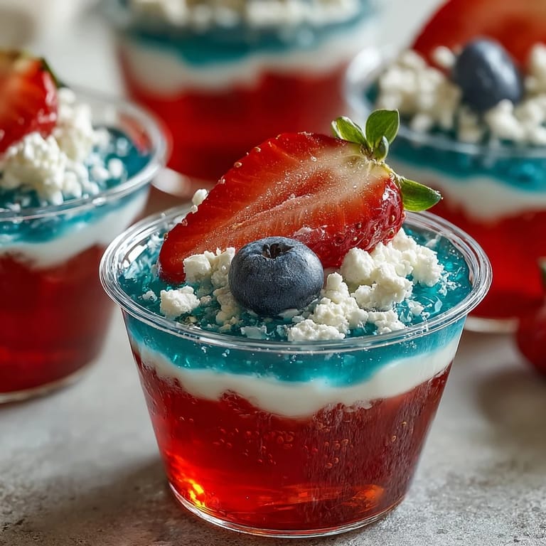 Festive alcohol-free Firecracker Jello Shots ready for your holiday party table.