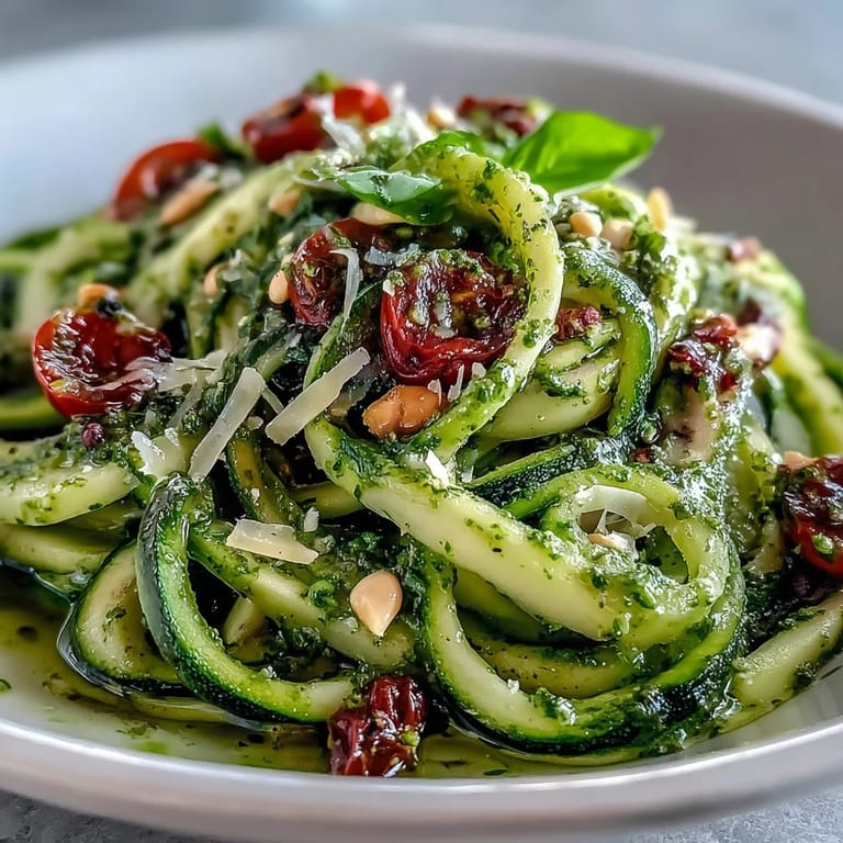 Crisp spiralized zucchini noodles mixed with creamy basil pesto, cherry tomatoes, and a sprinkle of Parmesan, perfect for a healthy gluten-free dinner.