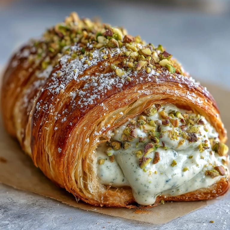 Warm croissant stuffed with luscious pistachio cream, crisp edges and a sweet, nutty aroma perfect for brunch.