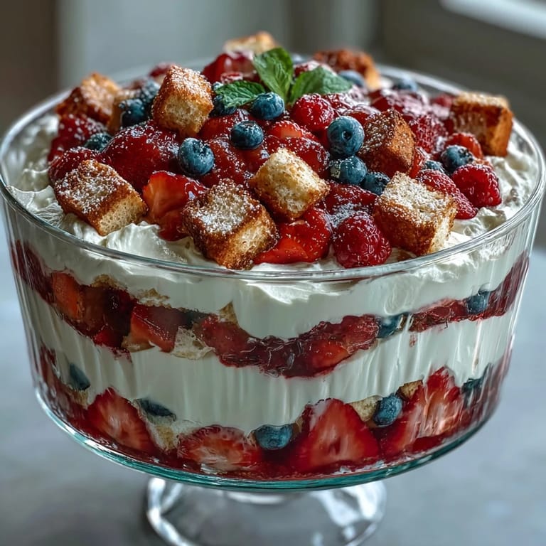 Festive Red White Blue Berry Trifle, perfectly layered with fresh fruit and cream.