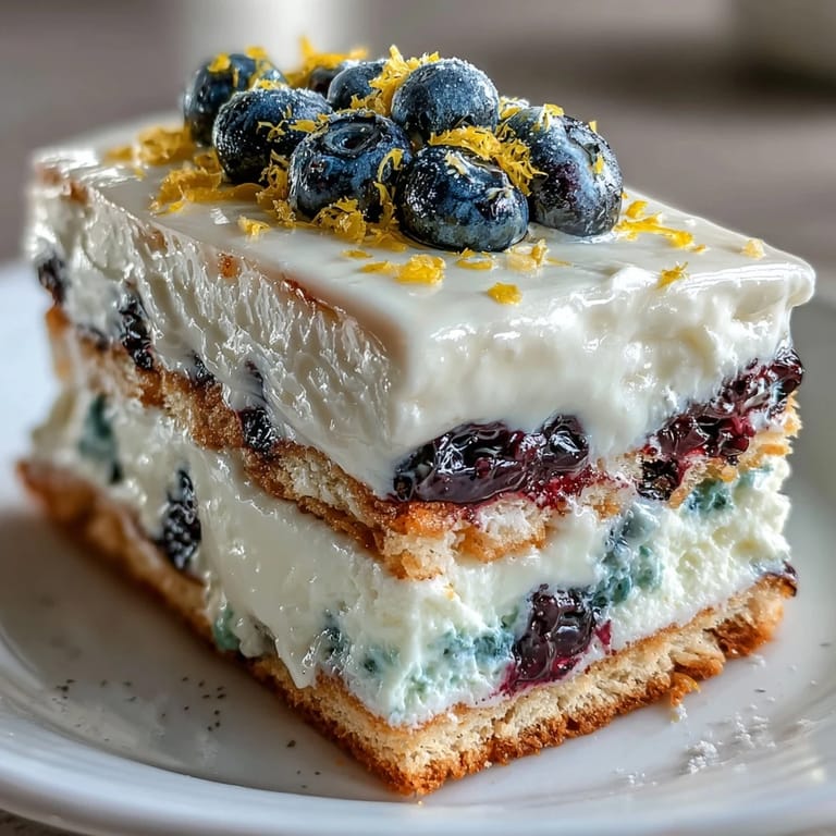 This refreshing Lemon Blueberry Icebox Cake image showcases its delightful, layered textures and vibrant fruit.