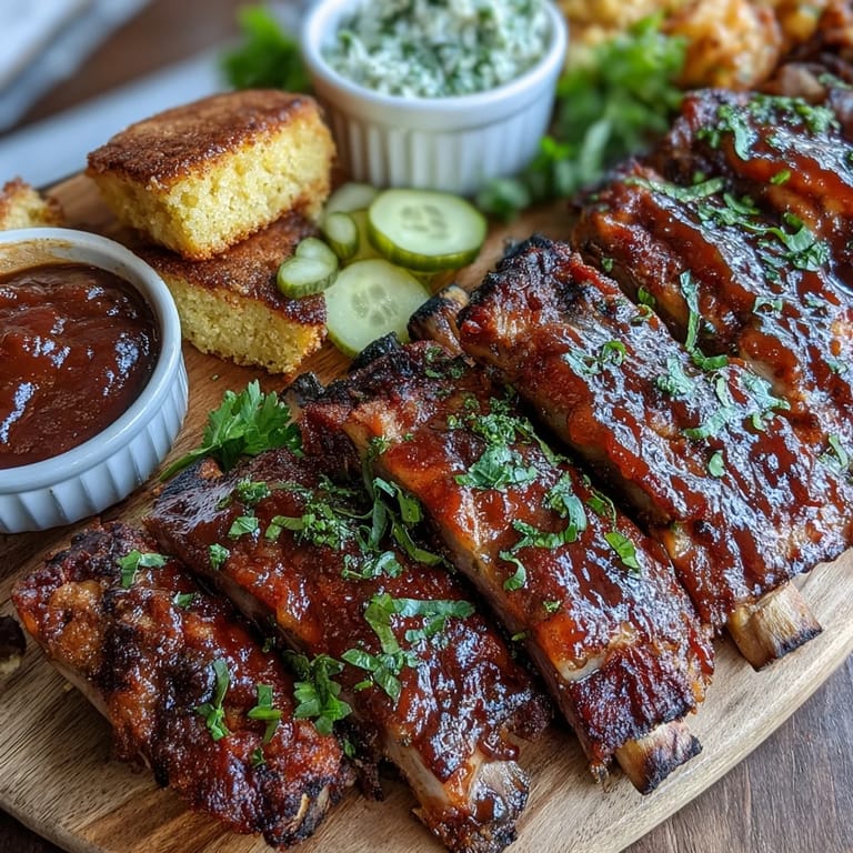 Smoky, fall-off-the-bone BBQ ribs displayed with flavorful sauce options for a festive meal.