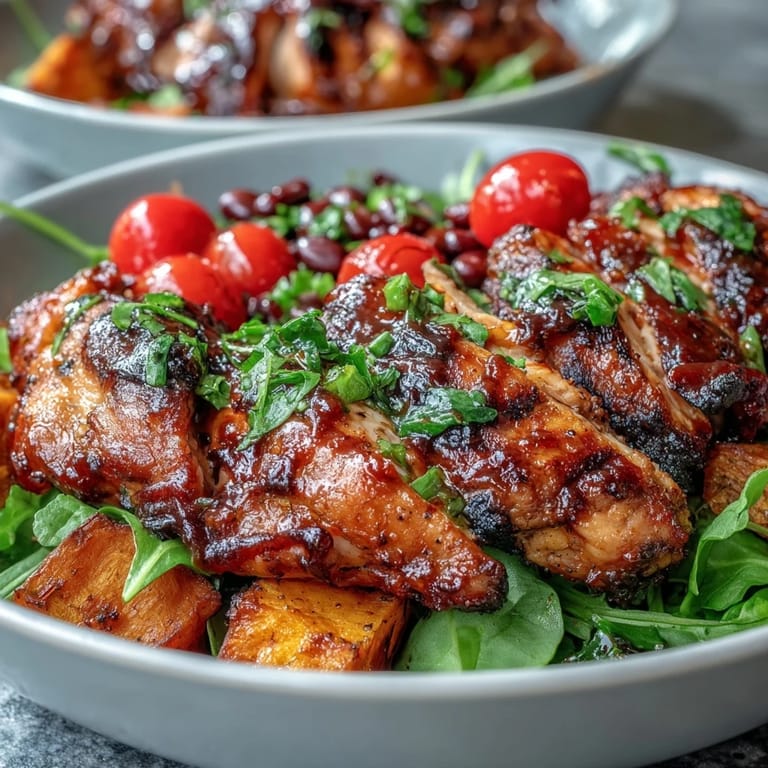 Enjoy healthy, savory BBQ chicken bowls with roasted sweet potato for lunch.