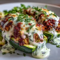 Golden, bubbly mozzarella tops creamy garlic chicken stuffed into fresh zucchini boats, served hot and garnished with parsley.