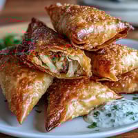 Crispy air-fried vegetable samosas with spiced potato and pea filling, golden and flaky.  