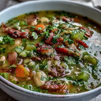 A hearty bowl of ham and lima bean soup with tender chunks of ham, creamy beans, and fresh parsley garnish, perfect for chilly evenings.