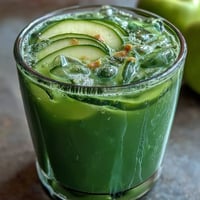 A vibrant green detox juice with cucumber, apple, and ginger, served over ice with fresh mint garnish.  