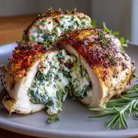 A savory dish of spinach and feta stuffed chicken breasts, baked until golden and juicy, perfect for a Mediterranean-inspired dinner.