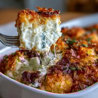 A comforting funeral potatoes shepherds pie mash-up casserole with creamy mashed potatoes and cheesy cornflake topping.