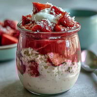 A vibrant jar of strawberry coconut cream overnight oats topped with fresh berries and shredded coconut, perfect for a refreshing spring breakfast.