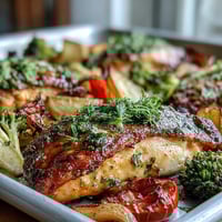 Healthy 5-Ingredient Sheet Pan Chicken and Veggies with vibrant roasted broccoli and bell peppers.  