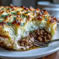 Turkey Shepherds Pie with creamy cauliflower mash and savory ground turkey filling, baked until golden and bubbling.