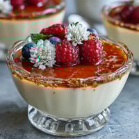 Silky honey lavender panna cotta with delicate floral notes and a drizzle of golden honey.