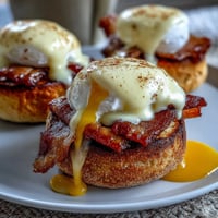 Eggs Benedict with Hollandaise sauce: perfectly poached eggs and Canadian bacon atop toasted English muffins, drizzled with creamy hollandaise.