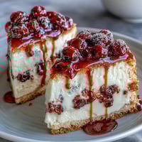 A slice of moist lemon blueberry cake topped with tangy cream cheese frosting and fresh berries.