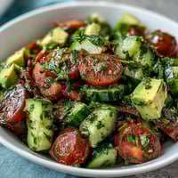 Cucumber Tomato Avocado Salad with Lemon Dressing: a colorful mix of fresh vegetables with creamy avocado and zesty citrus notes.