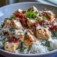 Creamy Tuscan Chicken Rice Skillet with golden chicken and wilted spinach in a rich, garlicky Parmesan sauce.