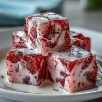 A vibrant strawberry and rose gelatin mosaic cake with creamy cubes in a silky base, perfect for elegant celebrations.