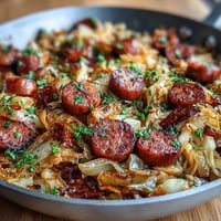 Hearty cabbage and sausage skillet with tender cabbage, smoky sausage, and tangy whole grain mustard.
