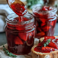 Homemade cottagecore strawberry jam in a rustic jar, glistening with vibrant red berries and hints of vanilla.  