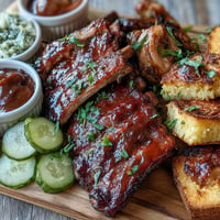 Tender Father's Day BBQ Rib Board with three delicious sauces ready for serving.